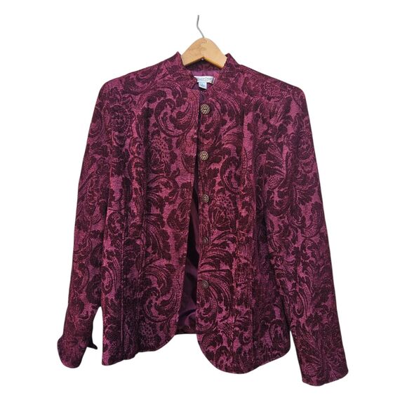 Coldwater Creek Maroon Floral Paisley Tapestry Short Jacket Blazer Womens Large - Picture 1 of 8